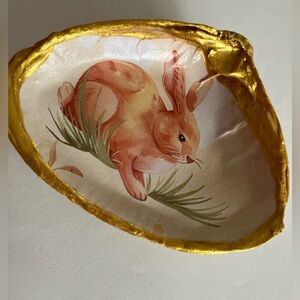 Handcrafted Easter Bunny Shell Dish 4 inch Gold Metallic Decoupage